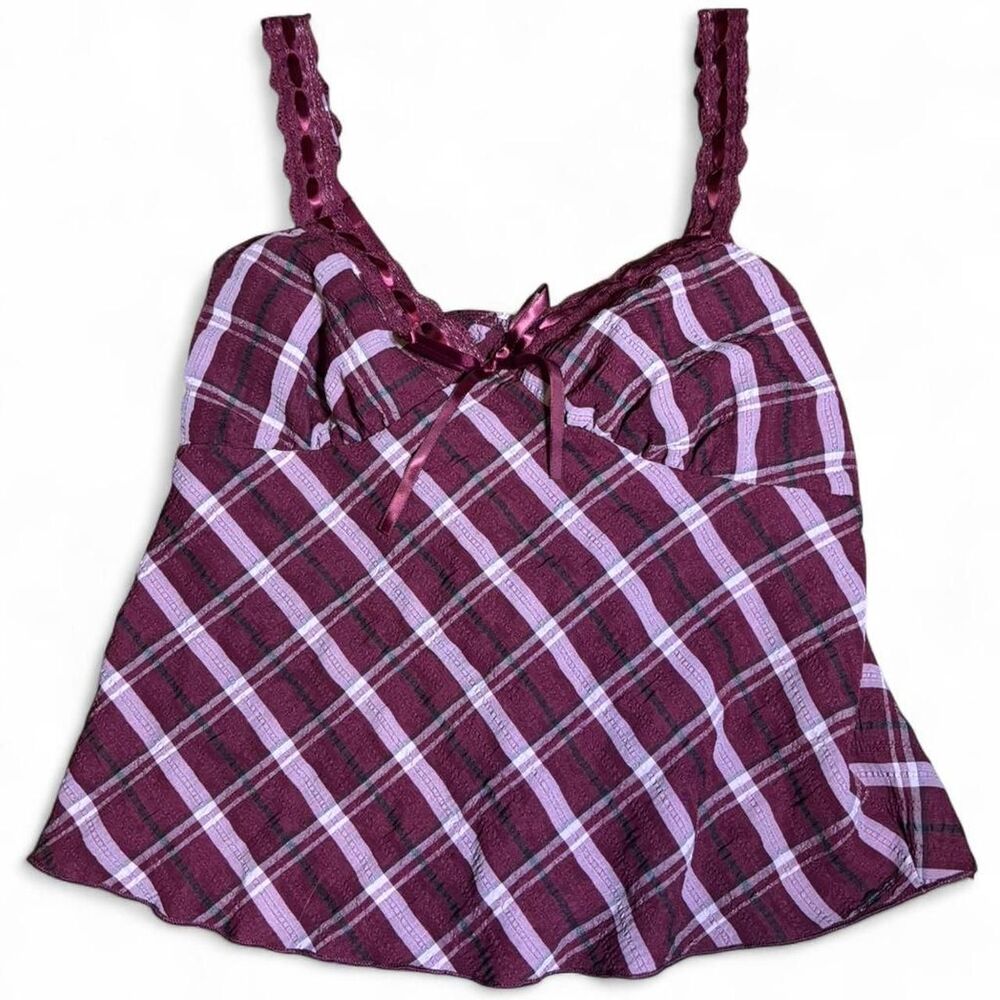 Women's burgundy plaid lace top
